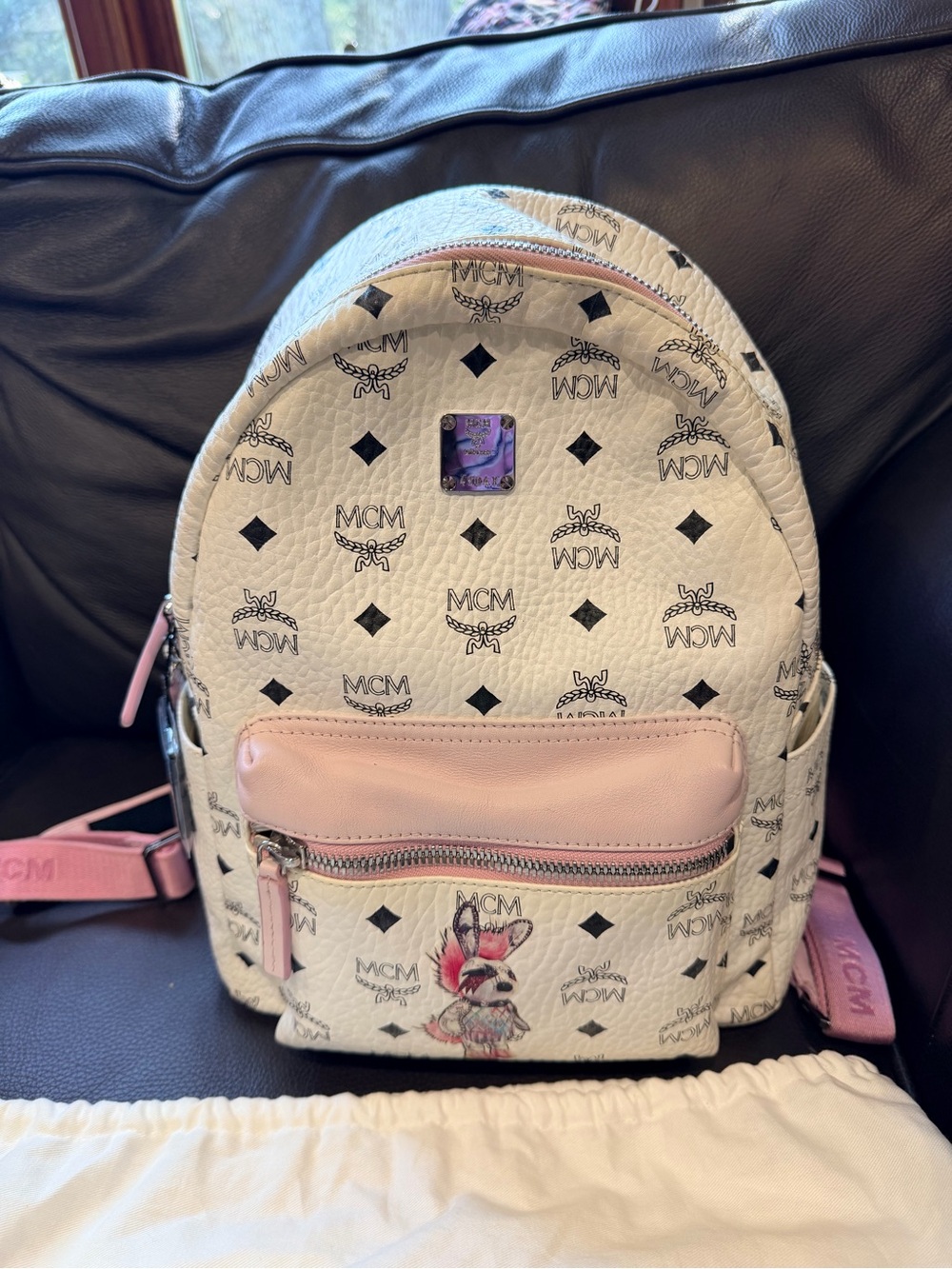 MCM White Backpack with Pink Front Pocket and Strap Accents